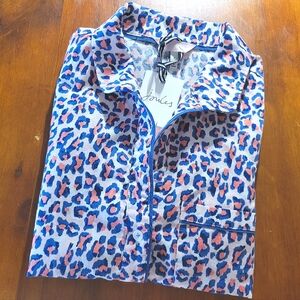 Joules Dream Pajama Top Button Down Shirt NWT Small Blue Pink Cheetah Collar